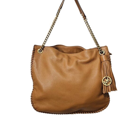 MICHAEL KORS Whipped Chelsea Brown Leather Gold Chain Large Shoulder Bag COA - Picture 2 of 15